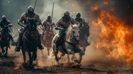 Wall Mural - Epic scene of armored knights on horseback charging through flames and smoke on a medieval battlefield