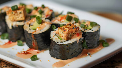 Gourmet spicy sushi rolls on elegant white plate