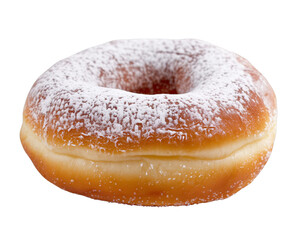 A powdered donut sits on a white background