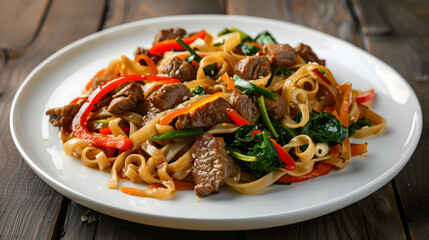 Wall Mural - Stir-fried beef noodle dish on white plate