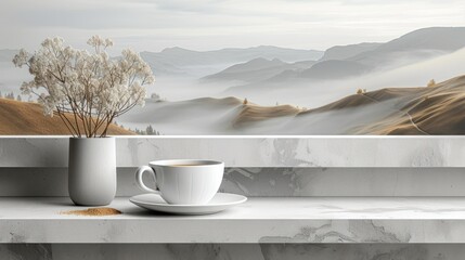 Poster - a cup of coffee sitting on top of a table next to a vase with a plant in it and mountains in the background.