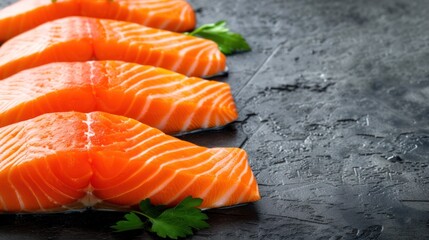 Sticker - a row of raw salmon fillets with parsley on a black stone surface with water droplets on the surface.