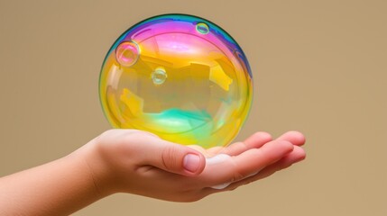 Sticker - a person's hand holding a soap bubble in front of a beige background with bubbles on the outside of the bubble.
