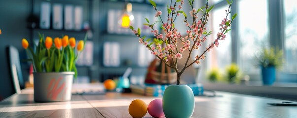 Wall Mural - Easter at the Office: How a Small Easter Egg Tree Brings Big Joy to an Employee's Desk