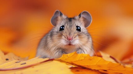 Wall Mural - a close up of a mouse looking at the camera with a background of leaves and a person's face.