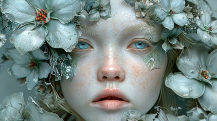  a close up of a woman with flowers on her head and a butterfly on her nose, with blue eyes.