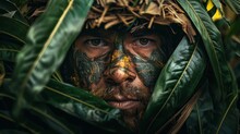  A Man With His Face Painted Like A Bird On His Face Is Hiding Behind A Large Green Leafy Bush.