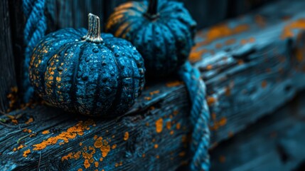  a couple of blue pumpkins sitting on top of a wooden bench in front of a wooden window sill.