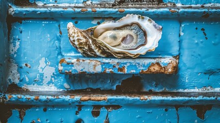  a sea shell sitting on top of a blue piece of metal on the side of a rusted metal door.