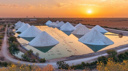 Poster -  a group of large piles of sand sitting on top of a lush green field next to a lake in front of a sunset.