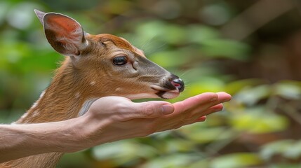 Wall Mural - a close up of a person's hand holding a small deer in the palm of a person's hand.