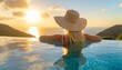 © Marko - Woman on summer vacation holiday relaxing in infinity swimming pool with blue sea sunset