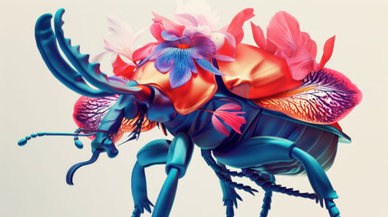 Poster - a close up of a colorful insect with flowers on it's back legs and a blue body with pink and red flowers on it's back legs.