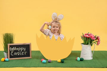 Sticker - Cute little girl in paper egg shell with Easter eggs and tulip flowers on yellow background