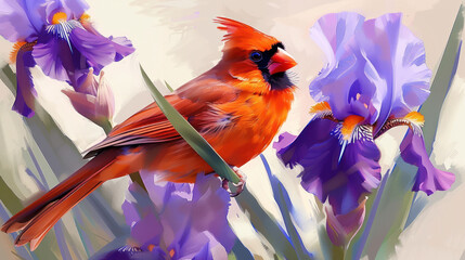 Poster - a painting of a cardinal perched on a branch with purple irises in the foreground and a white background.