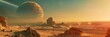 Dramatic dune futurictic sci-fi illustration: expansive desert under a looming moon, invoking the epic scale and mystery of space exploration