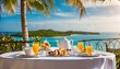 Romantic breakfast by the sea: Luxury table setting against an idyllic tropical background