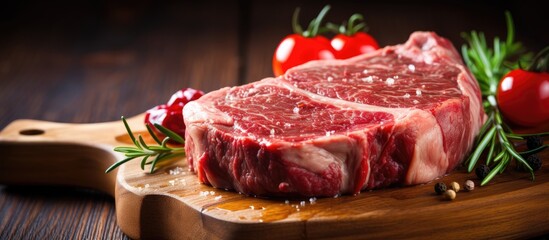Aufkleber - Succulent Piece of Raw Meat Resting on Wooden Cutting Board with Sharp Knife