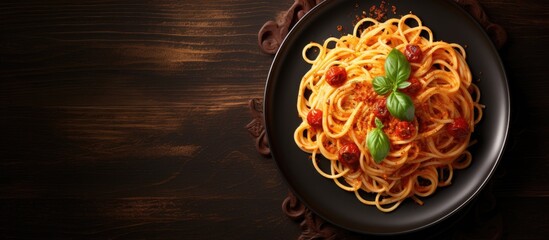 Fototapete - Delicious Italian Spaghetti Dish Garnished with Fresh Basil Leaves in Traditional Red Tomato Sauce