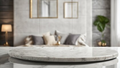 mockup opportunity: marble stone table against a bedroom background, perfect for product montage