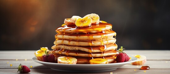Poster - Delicious Homemade Pancakes topped with Sweet Syrup and Fresh Bananas