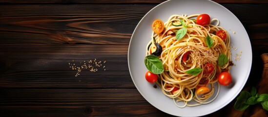 Poster - Delicious Plate of Spaghetti Garnished with Flavorful Tomatoes and Fresh Basil Leaves