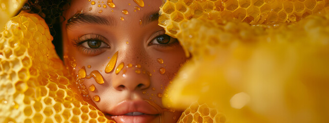 Wall Mural - Beauty shot of a beautiful black woman on a yellow background and honeycomb with honey serum on face. Cosmetic and commercial concept pointing to healthy skin care with copy space.