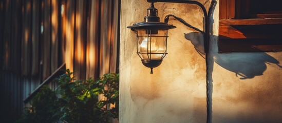 Leinwandbilder - Elegant Lamp Illuminates Green Plant on Modern Wall for Cozy Home Decor