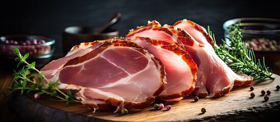 Poster - Savory Slice of Smoked Ham Resting on a Rustic Wooden Cutting Board