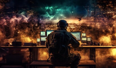 Techno-Warfare Professional Soldier Engaged with Combat Holograms on Computer.Generated image