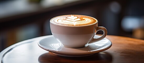 Aufkleber - Aromatic Cup of Coffee Enjoyed in a Cozy Cafe with Beans, Latte Art, and Creamy Foam
