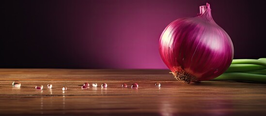 Fototapete - Vibrant Red Onion Resting on Rustic Wooden Table in a Farmhouse Kitchen Setting