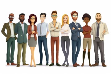 Sticker - Multinational business team. Vector realistic illustration of diverse cartoon men and women of various ethnicities, ages and body type in smart casual office outfits. Isolated on white background.