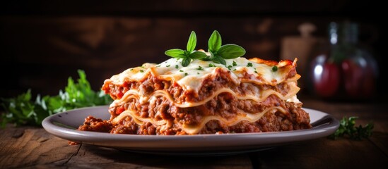 Fototapete - A Plate of Delicious Lasagna Served on a Rustic Wooden Table with Fresh Basil Garnish