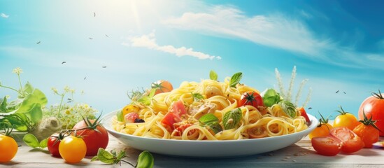 Poster - Delicious Italian Pasta Dish Garnished with Fresh Tomatoes and Fragrant Basil Leaves