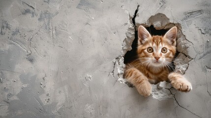 Canvas Print - A cat is looking out of a hole in a wall. The cat is orange and has a curious expression