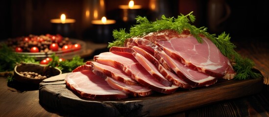 Poster - Rustic Wooden Cutting Board Showcasing Sliced Succulent Ham Ready for a Gourmet Meal