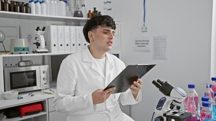 Sticker - Young scientist, amazed and scared, sits in lab with open mouth in true disbelief, an astonishing, comical shock!