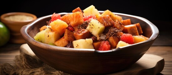Leinwandbilder - Rustic Bowl with a Variety of Fresh Fruits and Juicy Marinated Meat on a Wooden Table