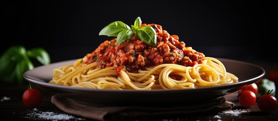 Poster - Delicious Spaghetti with Savory Meat and Fresh Tomato Sauce on a Plate