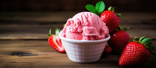 Aufkleber - Delicious Ice Cream Delight: Tempting Scoops of Vanilla with Fresh Juicy Strawberries on Rustic Wooden Table
