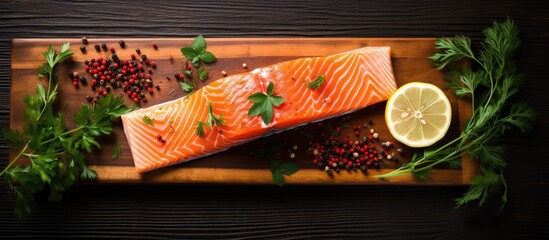 Wall Mural - Freshly Caught Salmon Fillet Resting on Rustic Wooden Cutting Board