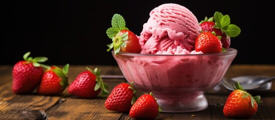 Aufkleber - Delicious Ice Cream Delight with Fresh Strawberries and Vibrant Mint Leaves