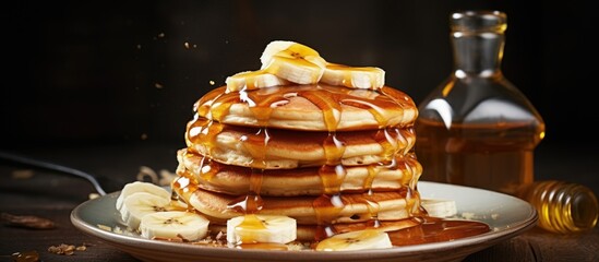 Poster - Delectable Tower of Fluffy Pancakes Drizzled with Syrup and Fresh Bananas - Gourmet Breakfast Treat