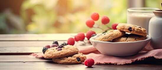 Aufkleber - Indulge in a Sweet Treat: Enjoying a Bowl of Freshly Baked Cookies with a Glass of Cold Milk