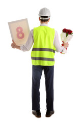 Wall Mural - Young male architect with bouquet of flowers and canvas isolated on white background, back view. International Women's Day