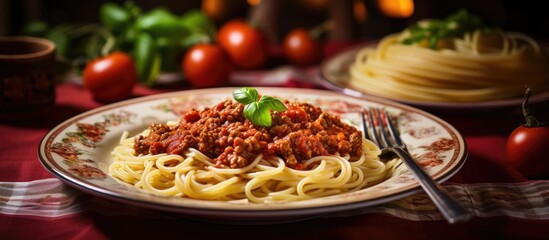 Poster - Delicious Homemade Spaghetti with Savory Meat and Tomato Sauce on Plate