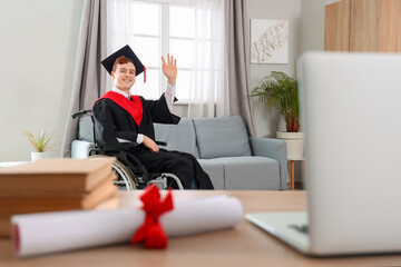 Sticker - Male graduate in wheelchair waving hand at home