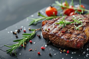 Wall Mural - Grilled steak seasoned with spices and fresh herbs on slate. Gourmet food and cuisine.