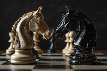 two chess knights face each other in a tense moment on the chessboard